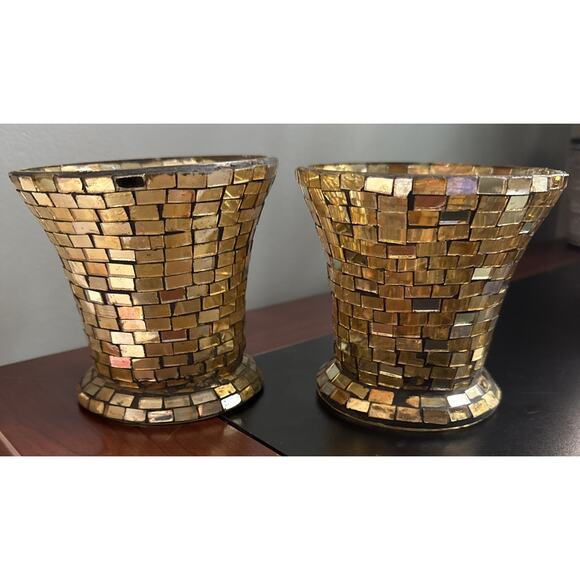 Vintage Mosaic Tile Candle Holder Pair - Gold & Brown - Picture 1 of 6